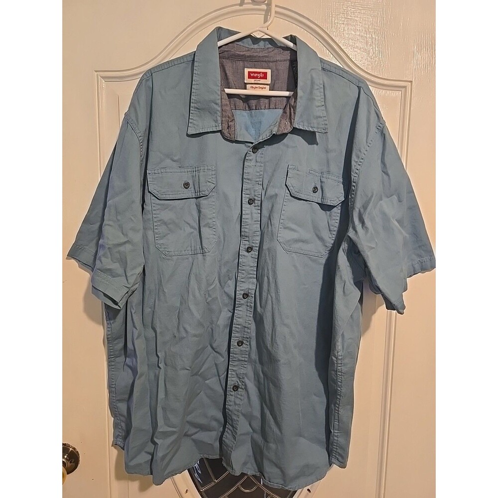 Wrangler Flex For Comfort Shirt Men Sz 3X Blue Green Short Sleeve Button Down